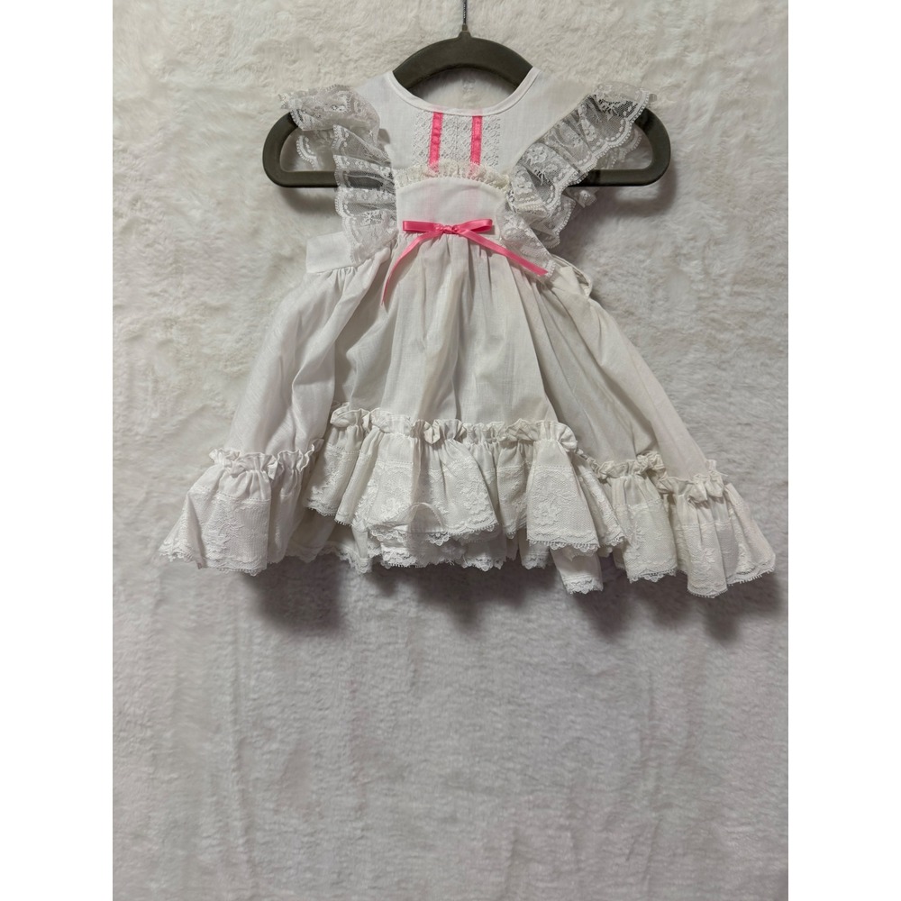 Vintage Mini World Baby Girl White Lace Ruffle Dress Pink Bow Made USA